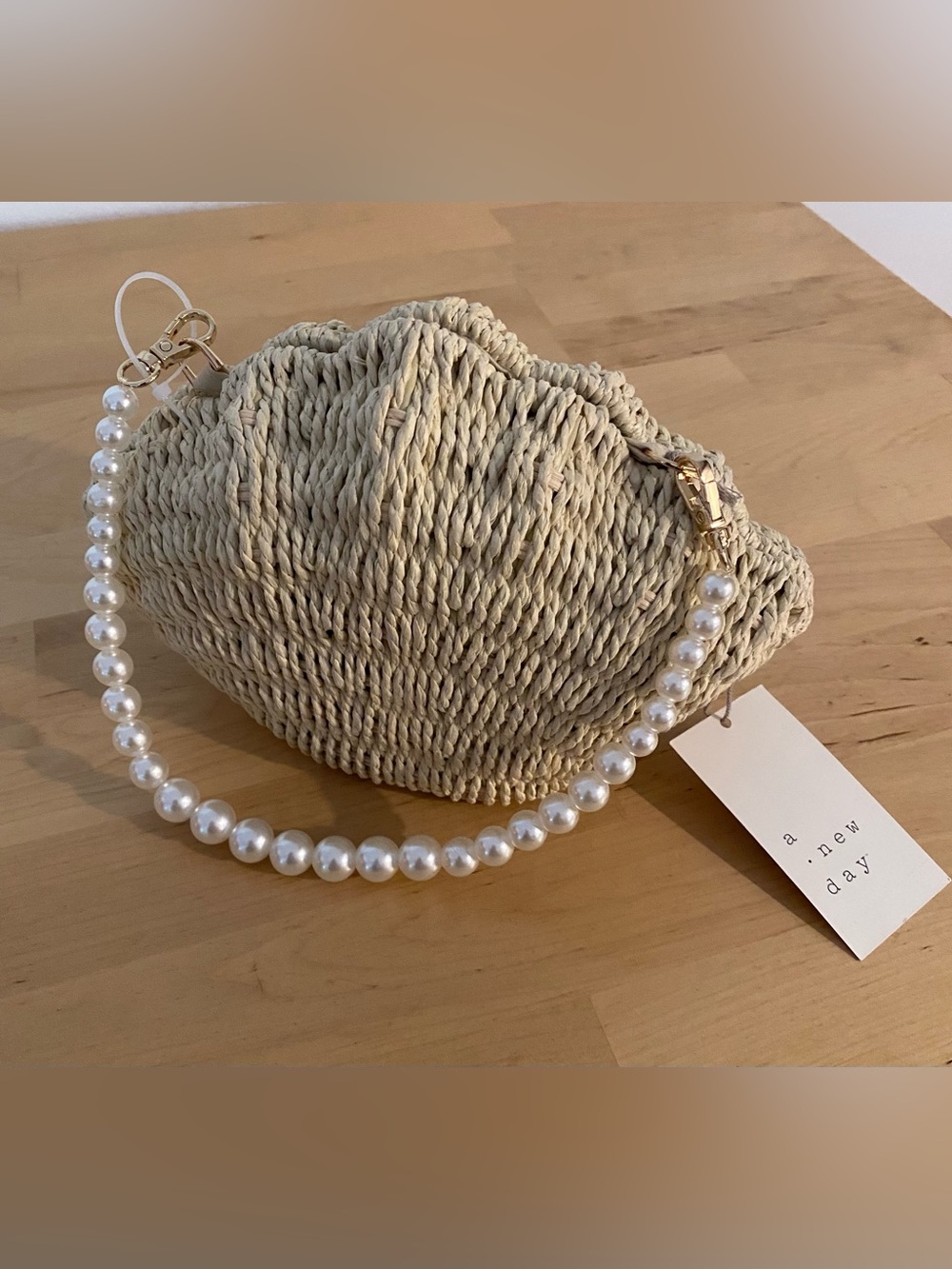 a new day Pearl-Handle Woven Shell Clutch Purse in Natural Beige